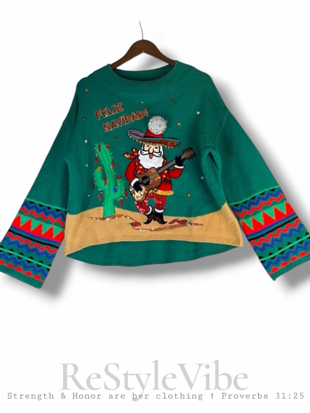 HOLIDAY TIME Women’s Size M Sweater Crew Neck Ugly Christmas Feliz Navidad Bells